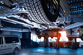 Auto service interior background with cars on the lift.