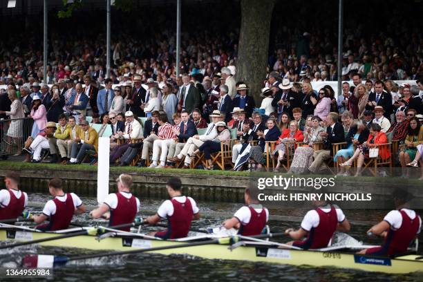 Spectators watch a race on the River Thames at the Henley Royal Regatta in Henley-on-Thames, west of London, on June 30, 2023.
