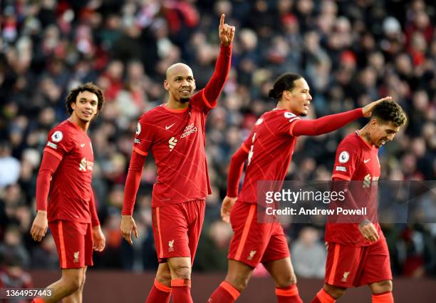 Fabinho of Liverpool celebrates after scoring the opening goal during the Premier League match between Liverpool and Brentford at Anfield on January...