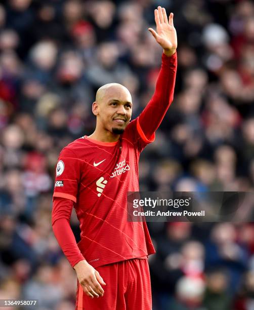 Fabinho of Liverpool celebrates after scoring the opening goal during the Premier League match between Liverpool and Brentford at Anfield on January...