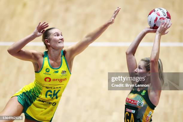 Lefebre Rademan of South Africa is challenged by Courtney Bruce of the Origin Diamonds during the 2022 Netball Quad Series match between Origin...