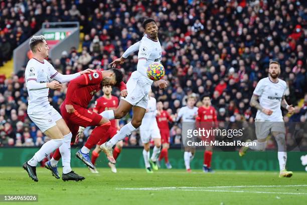 Alex Oxlade-Chamberlain of Liverpool scores their team's second goal during the Premier League match between Liverpool and Brentford at Anfield on...