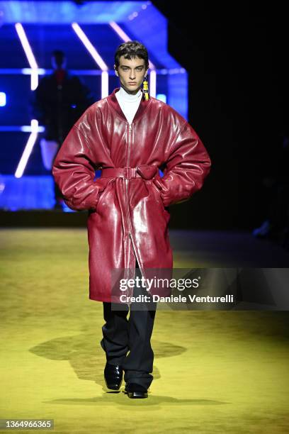 Model walks the runway at the Prada fashion show during the Milan Men's Fashion Week - Fall/Winter 2022/2023 on January 16, 2022 in Milan, Italy.