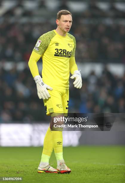 Ryan Allsop of Derby County in action during the Sky Bet Championship match between Derby County and Sheffield United at Pride Park Stadium on...