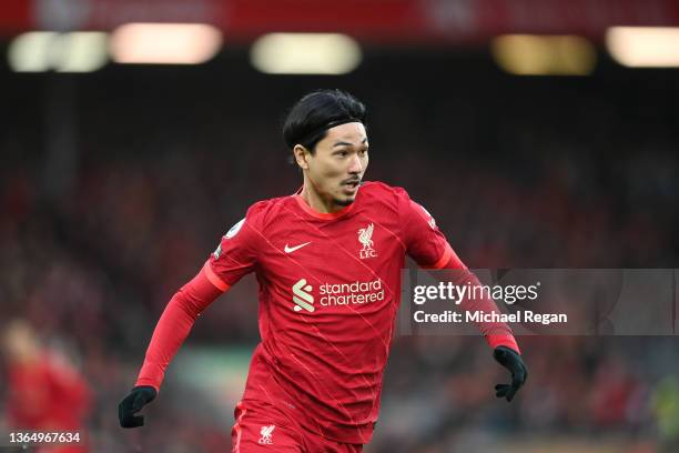 Takumi Minamino of Liverpool looks on during the Premier League match between Liverpool and Brentford at Anfield on January 16, 2022 in Liverpool,...
