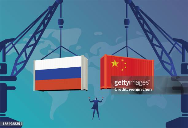 bildbanksillustrationer, clip art samt tecknat material och ikoner med business men command the tower crane to lift chinese containers and russian containers - rysslands flagga