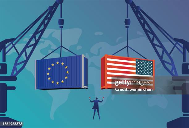illustrations, cliparts, dessins animés et icônes de des hommes d’affaires commandent la grue à tour pour soulever des conteneurs américains et des conteneurs de l’ue - échange commercial