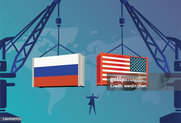 business men command the tower crane to lift american containers and russian containers - usa russia stock illustrations