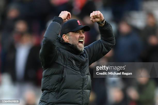 Juergen Klopp, Manager of Liverpool celebrates victory after the Premier League match between Liverpool and Brentford at Anfield on January 16, 2022...