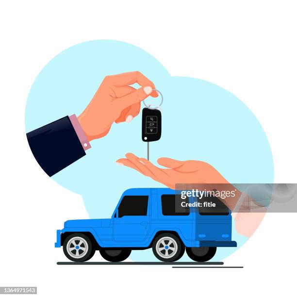 ilustraciones, imágenes clip art, dibujos animados e iconos de stock de comprar, alquilar un coche nuevo o usado.   poner la llave del coche en la mano. - vendedor de coches