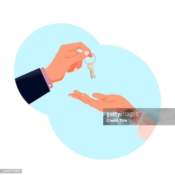 buying, renting a new or used  house.  putting house keys to  your hand. houses for sale - salesman stock illustrations
