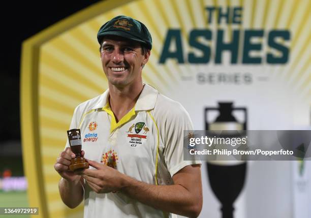 Pat Cummins with a replica of the Ashes urn after Australia won the Fifth Test in the Ashes series between Australia and England at Blundstone Arena...