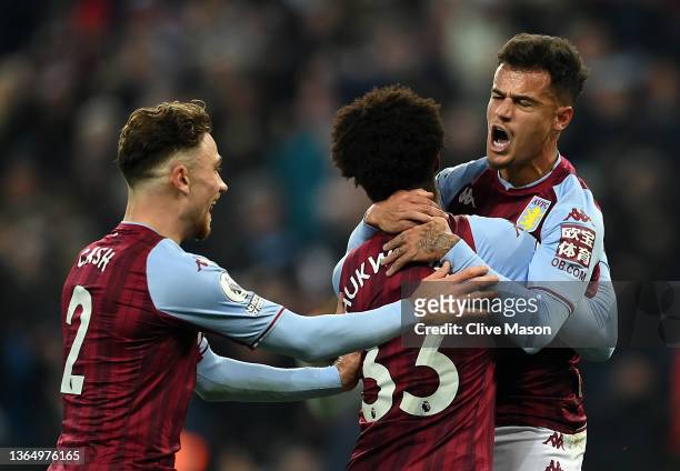 Philippe Coutinho of Aston Villa celebrates after scoring their side's second goal during the Premier League match between Aston Villa and Manchester...