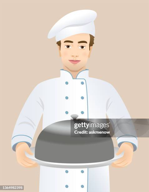 chef holding a closed restaurant dish - plate cover stock illustrations