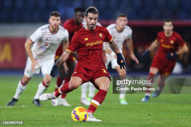 Sergio Oliveira of AS Roma scores their team's first goal from the penalty spot during the Serie A match between AS Roma and Cagliari Calcio at...