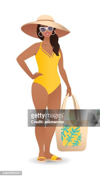 young woman wearing a swimming suit and a sun hat - hot body stock illustrations
