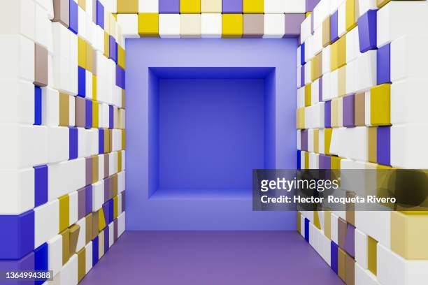 image of walls of  yellow,blue and white geometric cube shapes, background for advertising and marketing - show box ストックフォトと画像