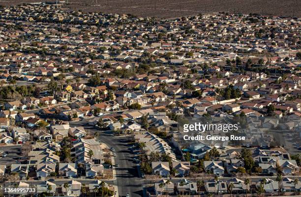 The city of Henderson ends abruptly at the edge of the desert in this view above Boulder City Parkway on January 11, 2022 in Henderson, Nevada....