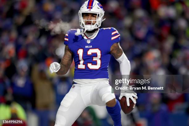 Gabriel Davis of the Buffalo Bills celebrates while scoring a touchdown during the fourth quarter against the New England Patriots at Highmark...