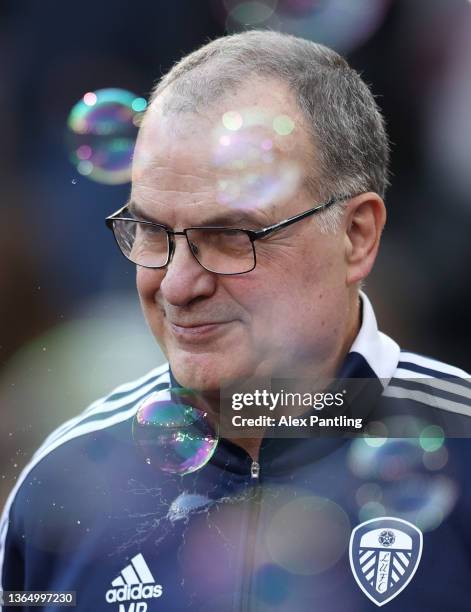 Leeds United Manager Marcelo Bielsa during the Premier League match between West Ham United and Leeds United at London Stadium on January 16, 2022 in...