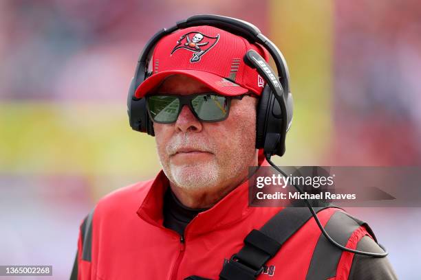 Head coach Bruce Arians of the Tampa Bay Buccaneers looks on against the Philadelphia Eagles during the first quarter in the NFC Wild Card Playoff...