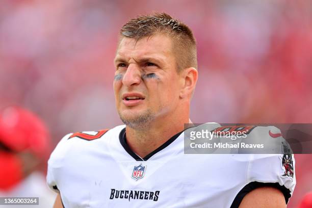 Rob Gronkowski of the Tampa Bay Buccaneers looks on against the Philadelphia Eagles during the first quarter in the NFC Wild Card Playoff game at...