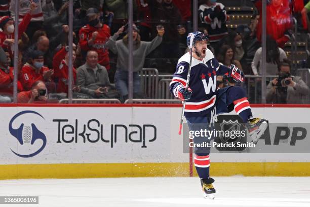 Alex Ovechkin of the Washington Capitals celebrates his first period goal against the Vancouver Canucks at Capital One Arena on January 16, 2022 in...
