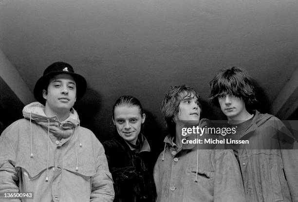 English rock group The Stone Roses posed in Hilversum, Netherlands in 1992. Left to right: Alan 'Reni' Wren, Gary 'Mani' Mounfield, Ian Brown and...