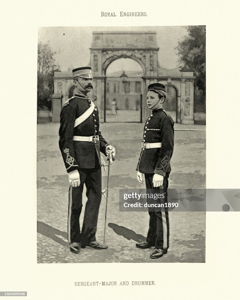 Sergeant major and drummer boy, British army Royal Engineers, Military uniform, Victorian 19th Century