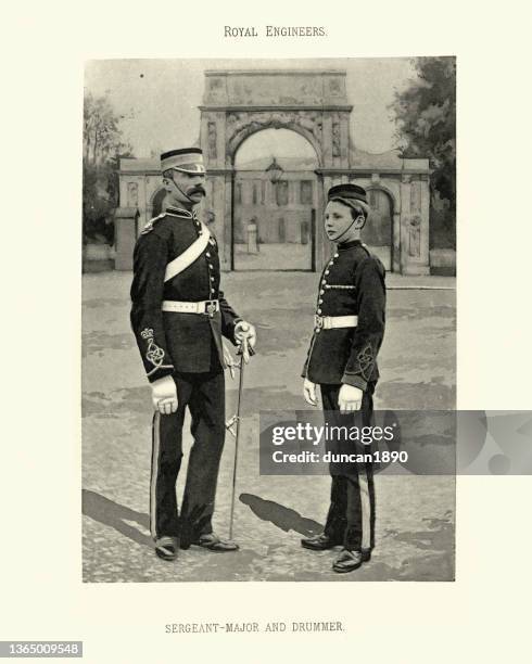 sergeant major and drummer boy, british army royal engineers, military uniform, victorian 19th century - sergeant major military rank stock illustrations