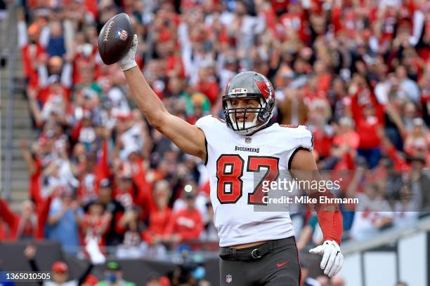 Rob Gronkowski of the Tampa Bay Buccaneers celebrates after scoring a touchdown against the Philadelphia Eagles during the third quarter in the NFC...