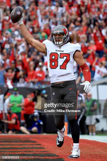 Rob Gronkowski of the Tampa Bay Buccaneers celebrates after scoring a touchdown against the Philadelphia Eagles during the third quarter in the NFC...