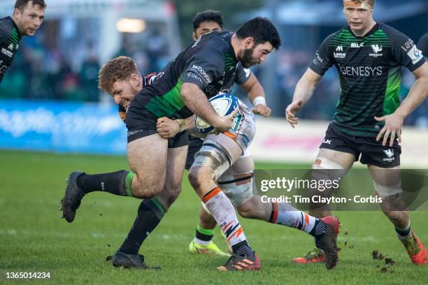 January 15: Matthew Burke of Connacht is tackled by Ollie Chessum of Leicester Tigers during the Connacht V Leicester Tigers, Heineken European...