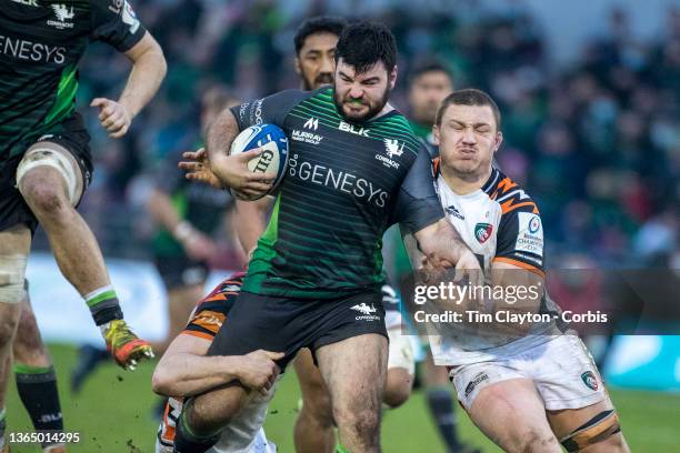 January 15: Matthew Burke of Connacht tackled by Harry Wells of Leicester Tigers and Jasper Wiese of Leicester Tigers during the Connacht V Leicester...