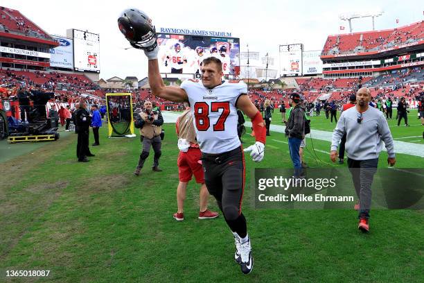Rob Gronkowski of the Tampa Bay Buccaneers celebrates after defeating the Philadelphia Eagles in the NFC Wild Card Playoff game at Raymond James...