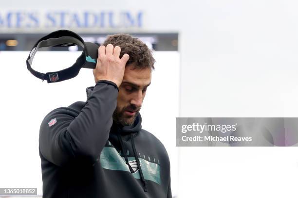 Head coach Nick Sirianni of the Philadelphia Eagles reacts after being defeated by the Tampa Bay Buccaneers in the NFC Wild Card Playoff game at...