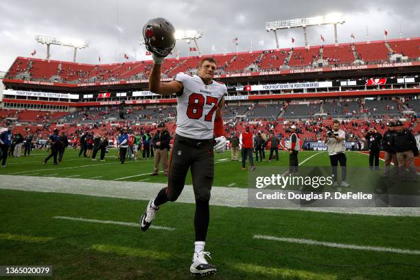 Rob Gronkowski of the Tampa Bay Buccaneers celebrates after defeating the Philadelphia Eagles in the NFC Wild Card Playoff game at Raymond James...