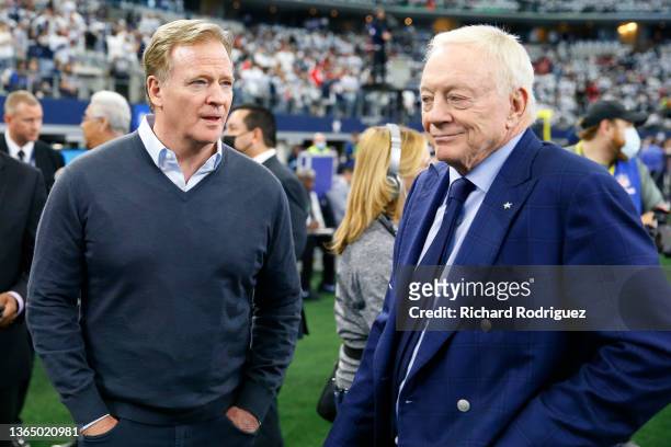 Commissioner Roger Goodell and Dallas Cowboys owner Jerry Jones talk on the field prior to a game between the San Francisco 49ers and Dallas Cowboys...