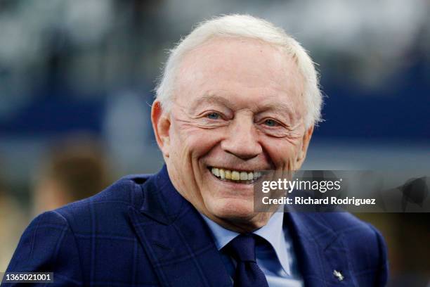 Dallas Cowboys owner Jerry Jones is seen on the field prior to a game between the San Francisco 49ers and Dallas Cowboys in the NFC Wild Card Playoff...