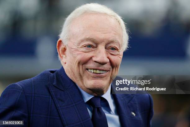 Dallas Cowboys owner Jerry Jones is seen on the field prior to a game between the San Francisco 49ers and Dallas Cowboys in the NFC Wild Card Playoff...