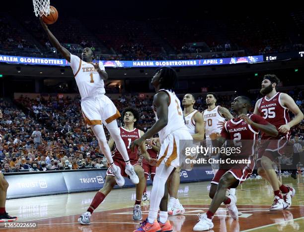 Andrew Jones of the Texas Longhorns shoots a layup against the Oklahoma Sooners at The Frank Erwin Center on January 11, 2022 in Austin, Texas.