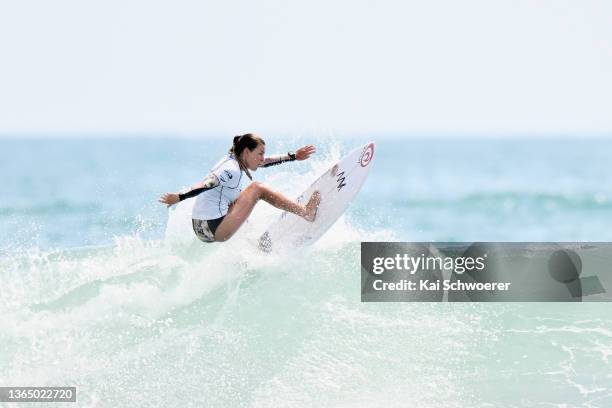 Brie Bennett of Raglan competes in the Open Women's Final during day five of the National New Zealand Surfing Championships 2022 at Nine Mile Beach...