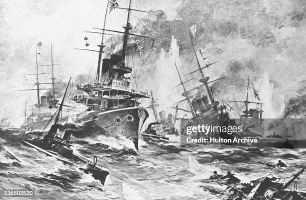 Russian and Japanese warships clash in the Straits of Tsushima, at the Battle of Tsushima during the Russo-Japanese War, 27th-28th May 1905.