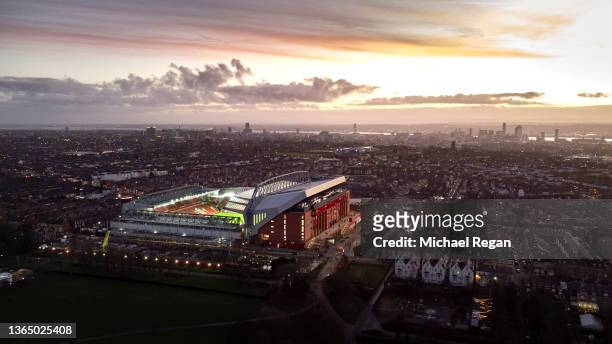 General view of Liverpool's stadium after the Premier League match between Liverpool and Brentford at Anfield on January 16, 2022 in Liverpool,...