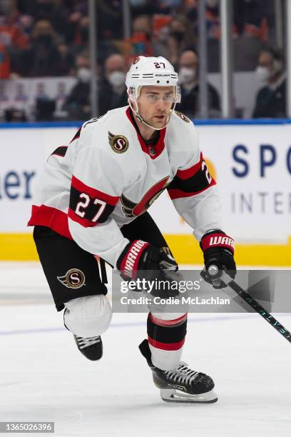 Dylan Gambrell of the Ottawa Senators skates against the Edmonton Oilers during the first period at Rogers Place on January 15, 2022 in Edmonton,...