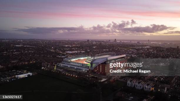 General view of Liverpool's stadium after the Premier League match between Liverpool and Brentford at Anfield on January 16, 2022 in Liverpool,...