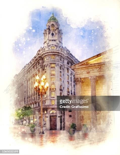 stockillustraties, clipart, cartoons en iconen met watercolour painting of street and cathedral in buenos aires argentina - argentina barcelona