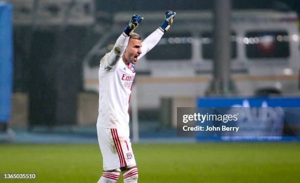 Goalkeeper of Lyon Anthony Lopes celebrates the goal of Moussa Dembele scored on a penalty kick during the Ligue 1 Uber Eats match between ESTAC...