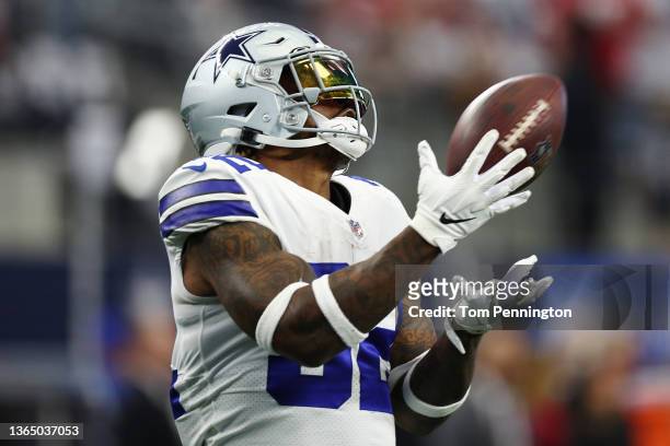 Corey Clement of the Dallas Cowboys warms up prior to a game against the San Francisco 49ers in the NFC Wild Card Playoff game at AT&T Stadium on...