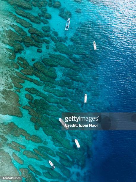 aerial view of dive boats over coral reef with clear blue tropical water - okinawa prefecture stock-fotos und bilder